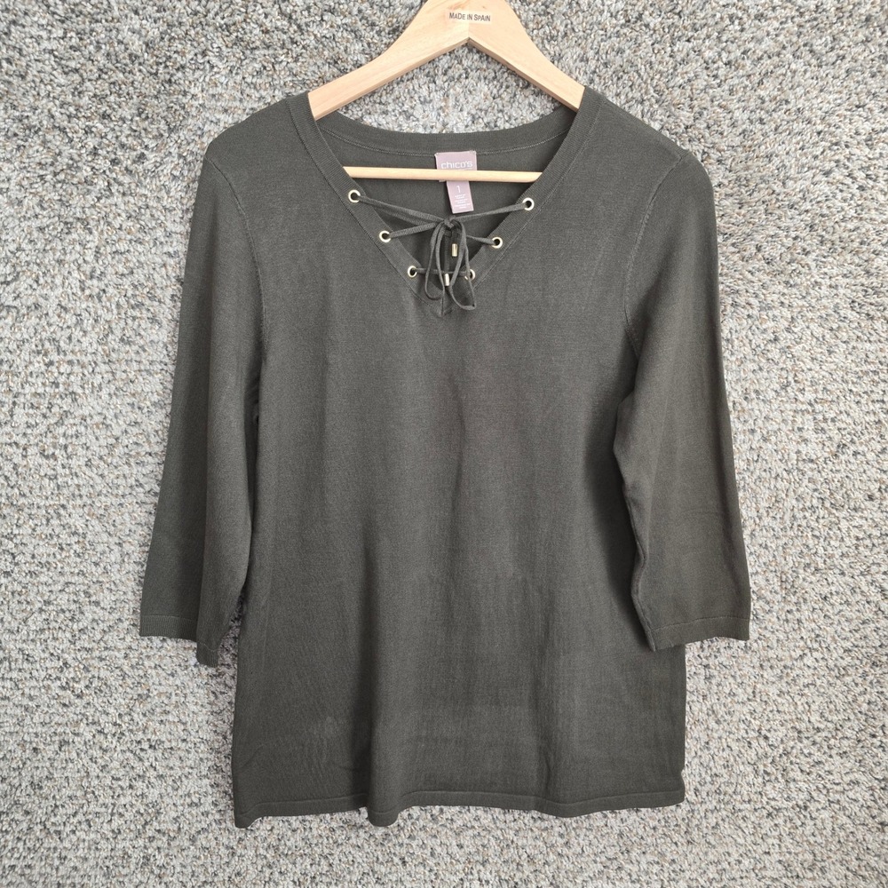 Chicos Top Womens 1 US Medium Earth Green Lace Up Knit Blouse Ladies‎ Casual